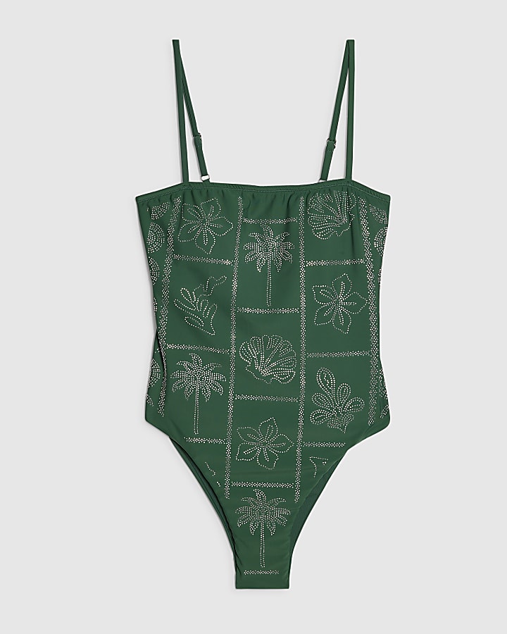 Green Strappy Embellished Swimsuit