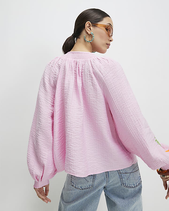 Pink Embroidered Conversational Print Shirt