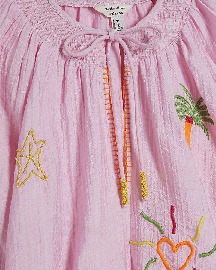 Pink Embroidered Conversational Print Shirt