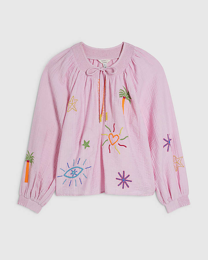 Pink Embroidered Conversational Print Shirt