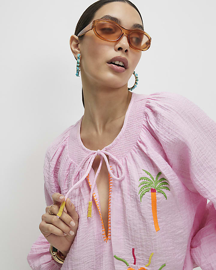 Pink Embroidered Conversational Print Shirt