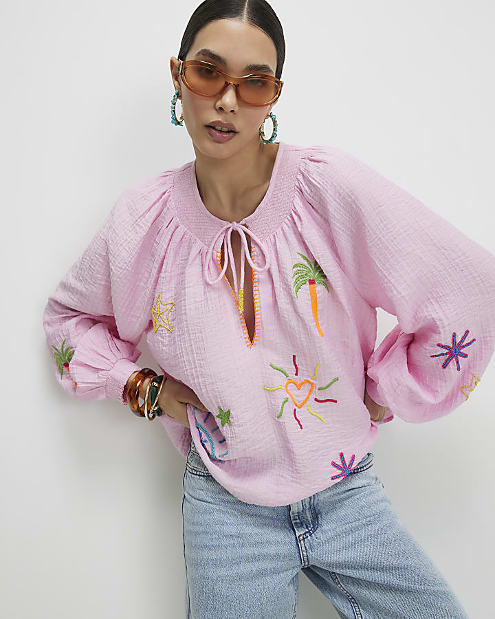 Pink Embroidered Conversational Print Shirt