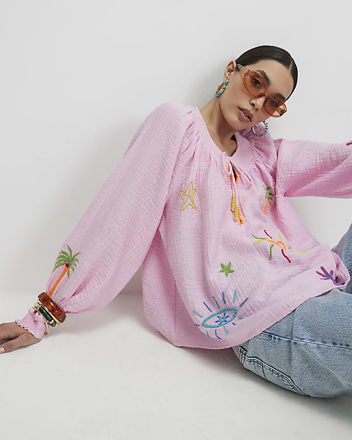 Pink Embroidered Conversational Print Shirt