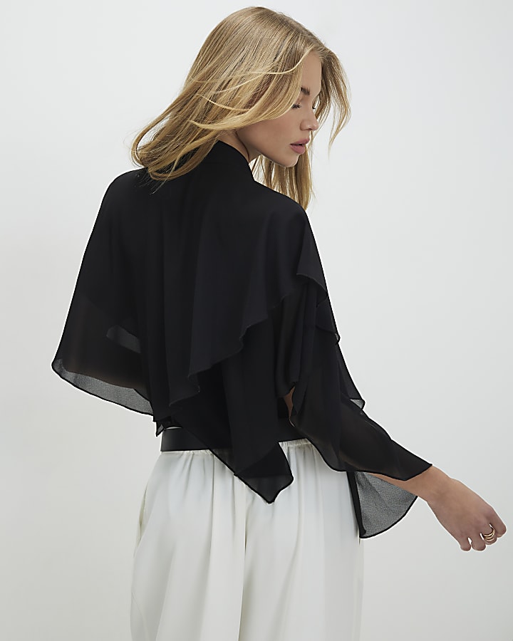 Black High Neck Ruffle Cape