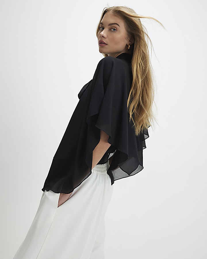Black High Neck Ruffle Cape