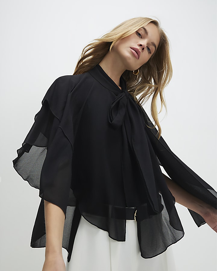 Black High Neck Ruffle Cape