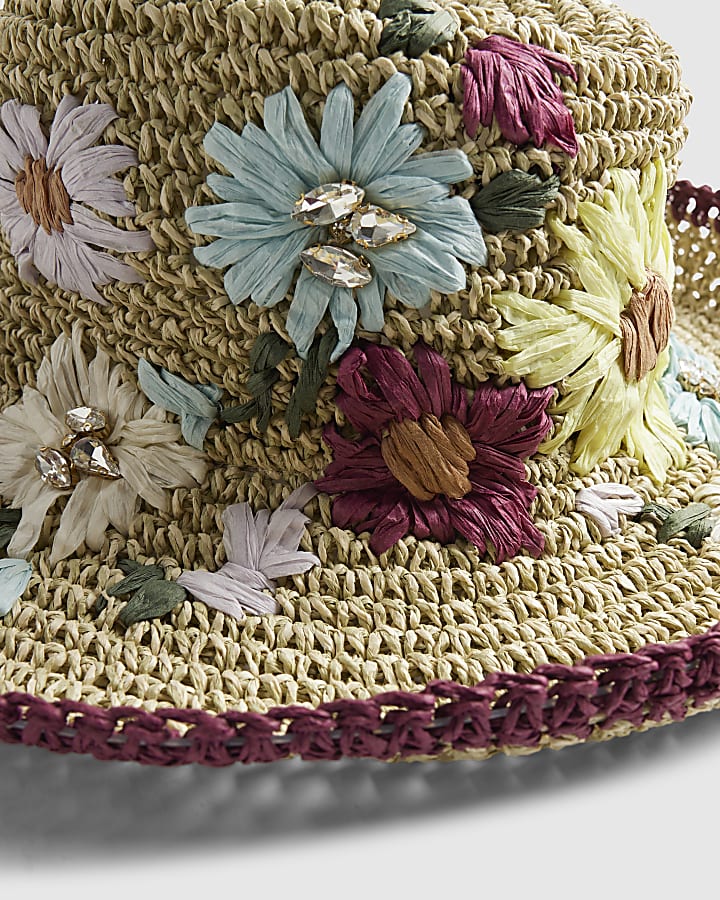 Beige Embroidered Floral Straw Bucket Hat