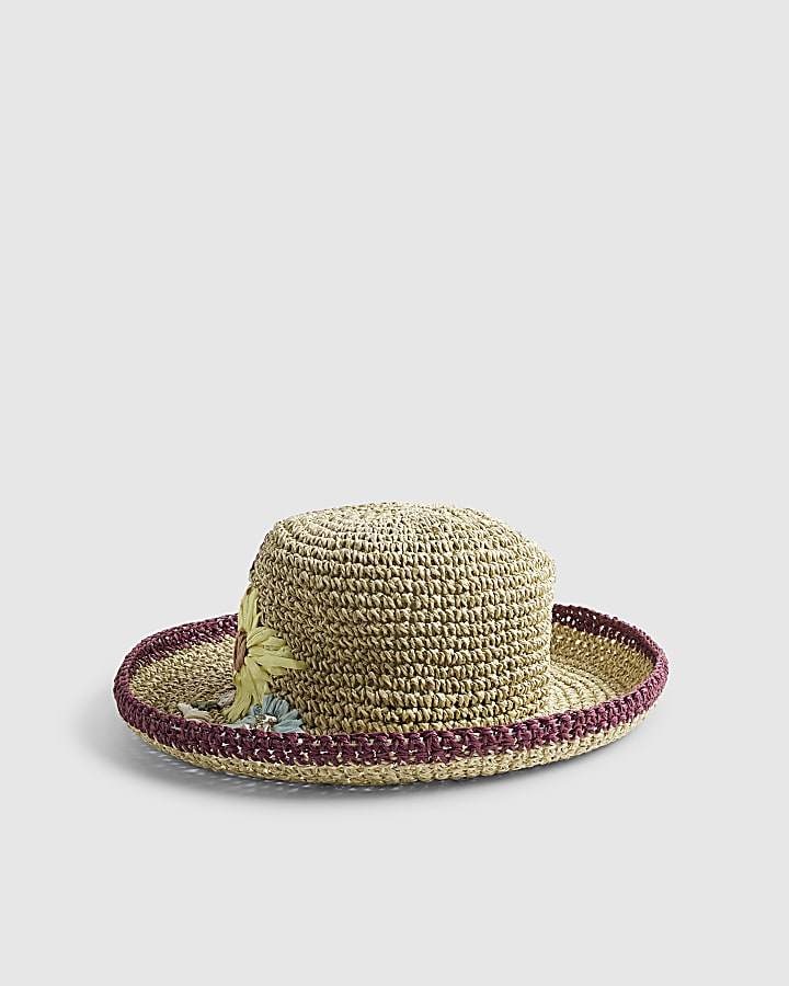 Beige Embroidered Floral Straw Bucket Hat