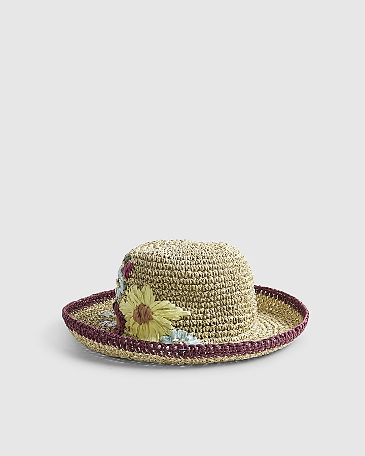 Beige Embroidered Floral Straw Bucket Hat