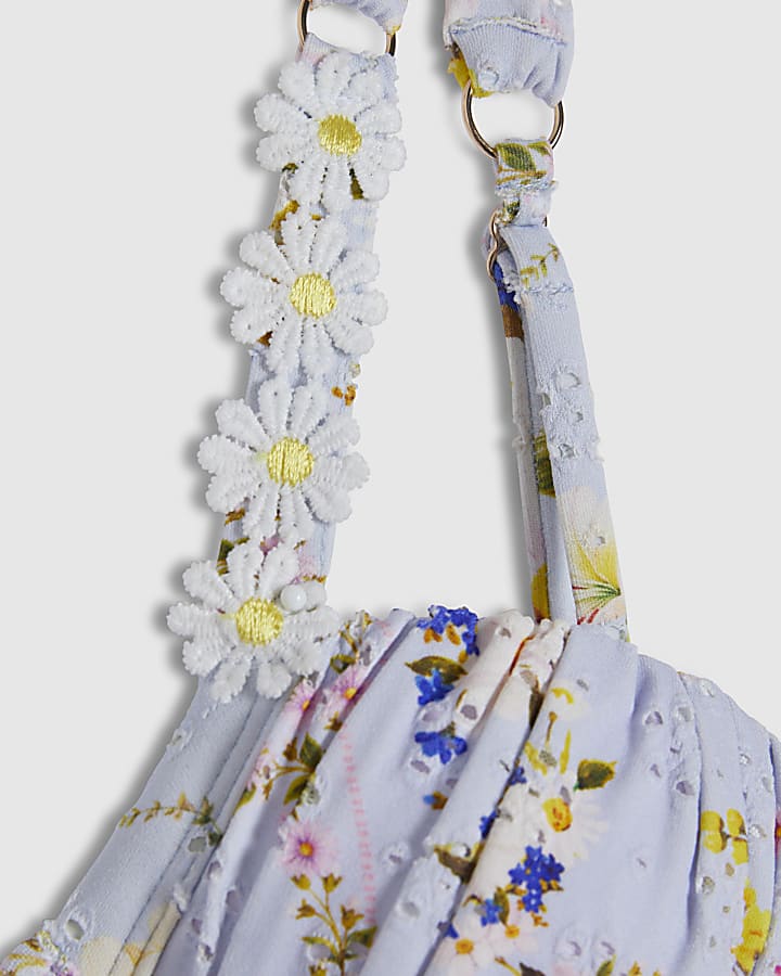 Blue Daisy Print Bikini Top