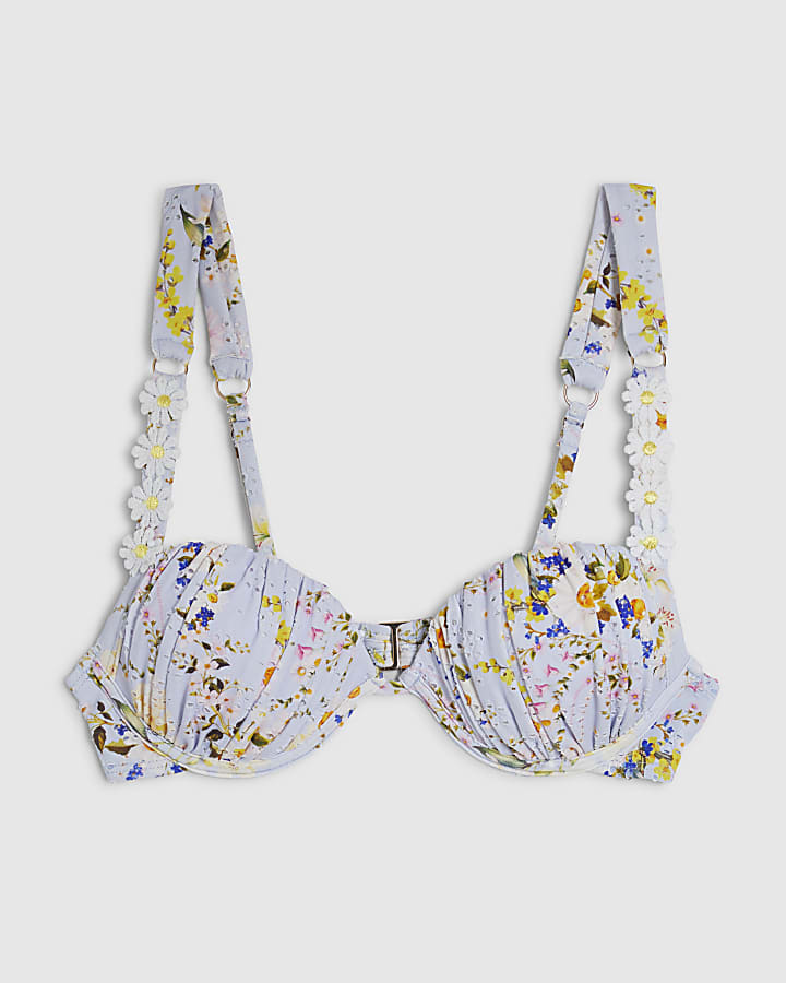 Blue Daisy Print Bikini Top