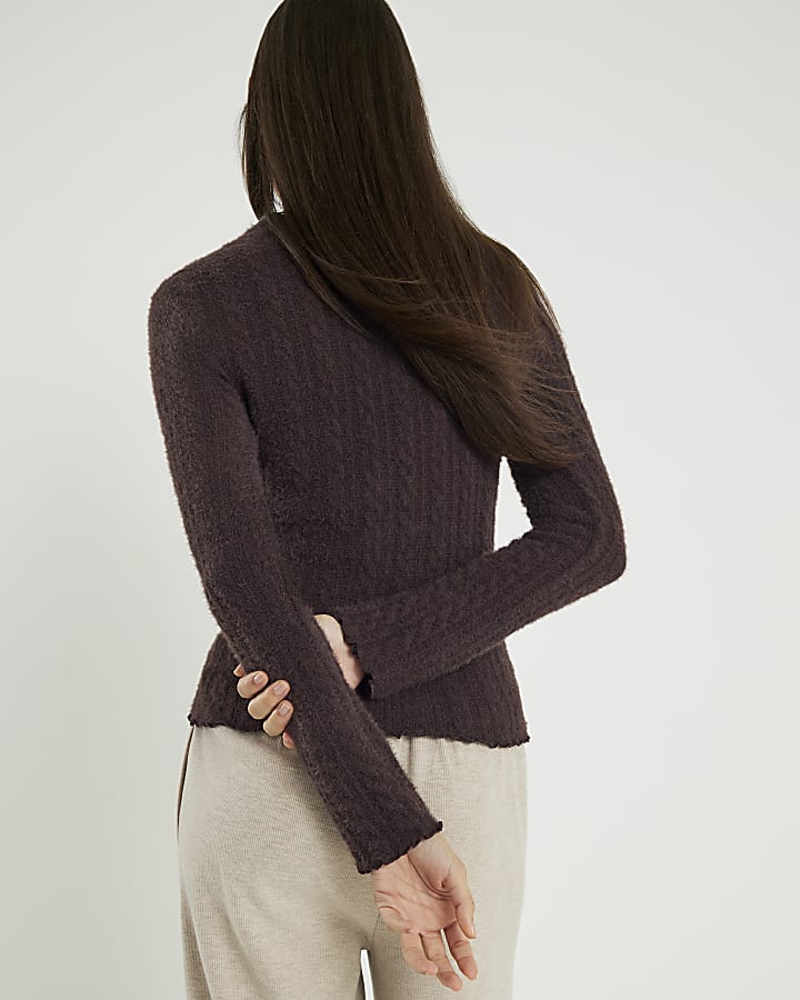 Brown Long Sleeve Cable Knit Fitted Top