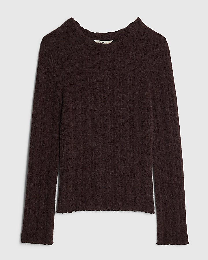 Brown Long Sleeve Cable Knit Fitted Top