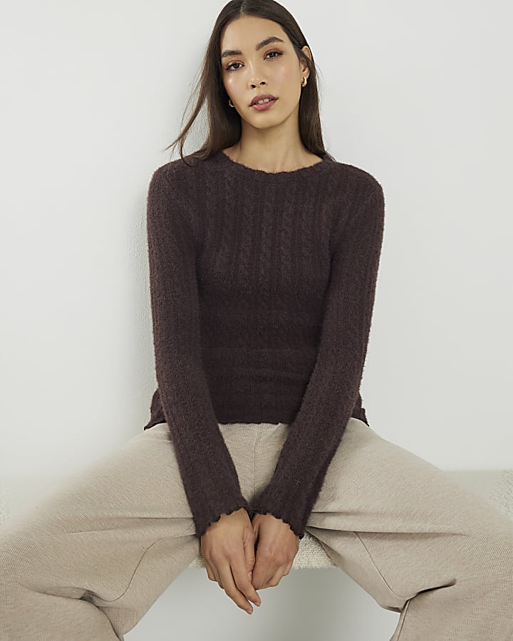 Brown Long Sleeve Cable Knit Fitted Top