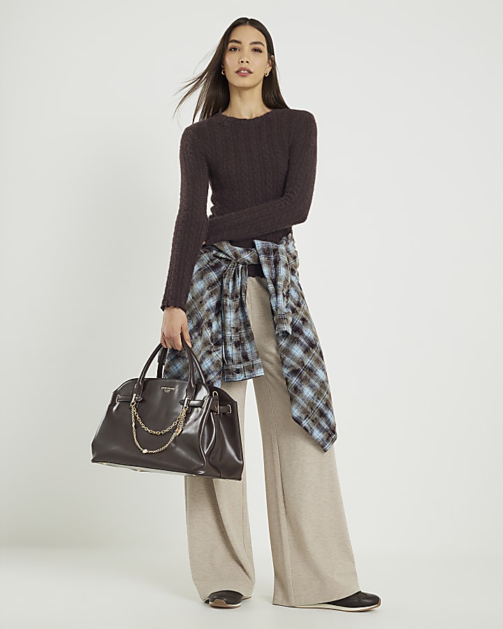 Brown Long Sleeve Cable Knit Fitted Top