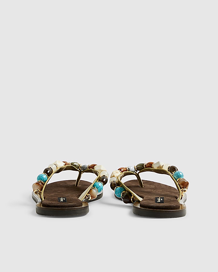 Gold Beaded Toe Thong Flat Sandals