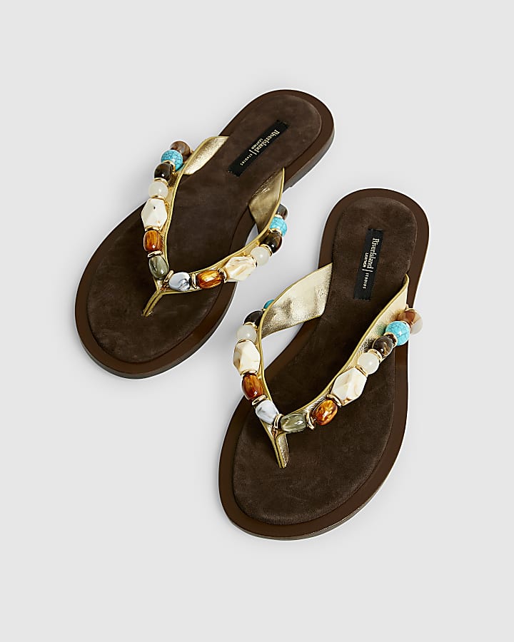 Gold Beaded Toe Thong Flat Sandals