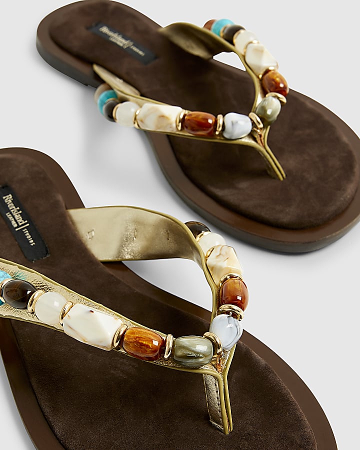 Gold Beaded Toe Thong Flat Sandals