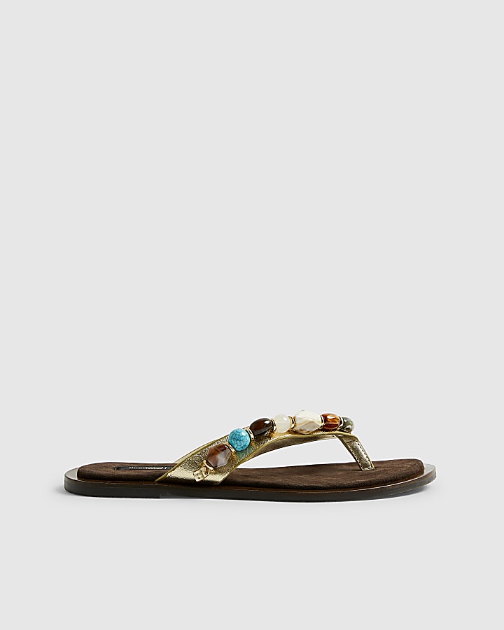 Gold Beaded Toe Thong Flat Sandals