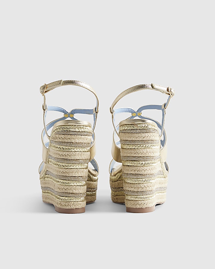 Gold Cross Strap Wedge Sandals