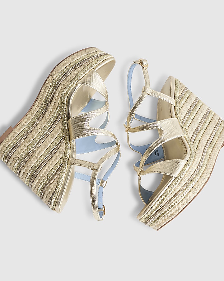 Gold Cross Strap Wedge Sandals