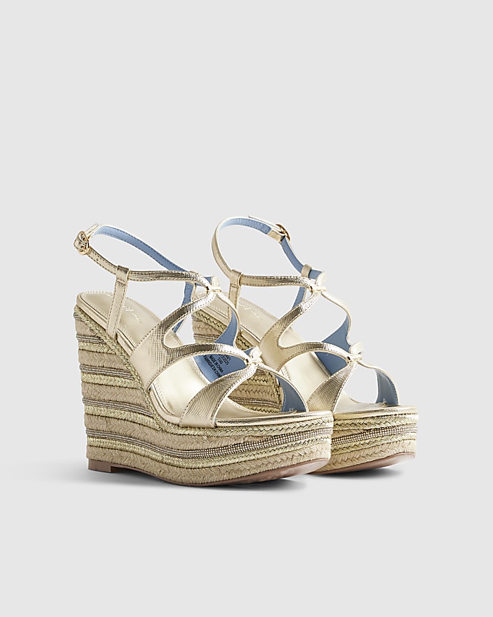 Gold Cross Strap Wedge Sandals