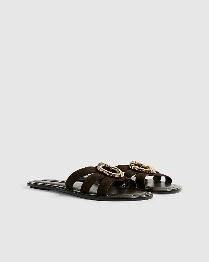 Brown Beaded Ring Flat Sandals