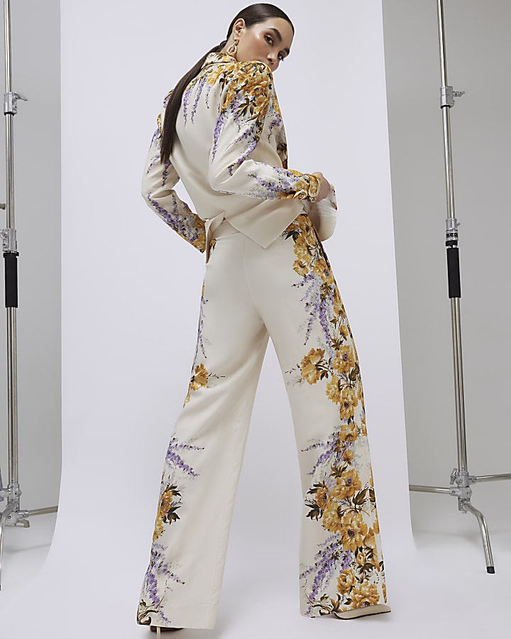 Cream Floral Flared Trousers
