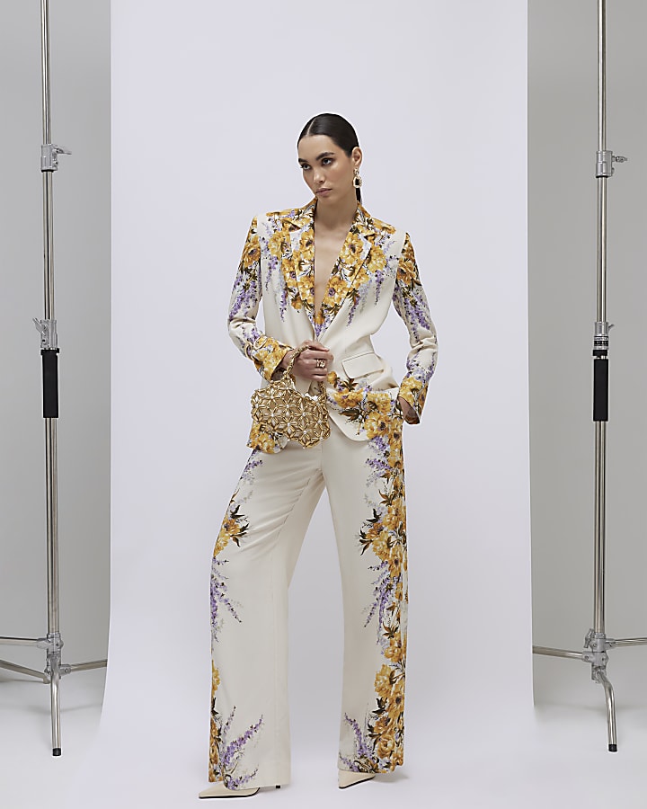 Cream Floral Flared Trousers