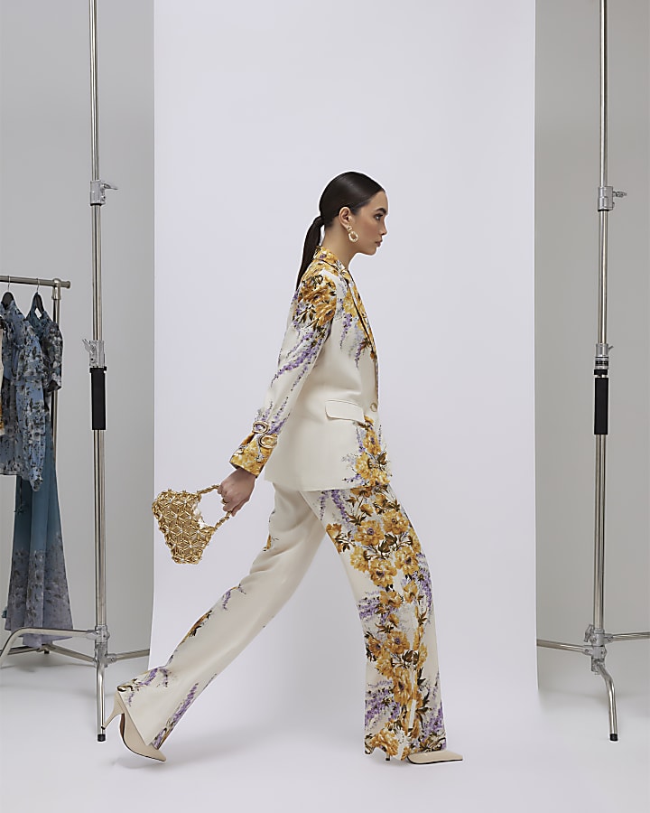 Cream Floral Flared Trousers