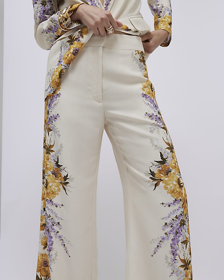 Cream Floral Flared Trousers
