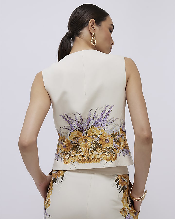 Cream Floral Fitted Waist Coat