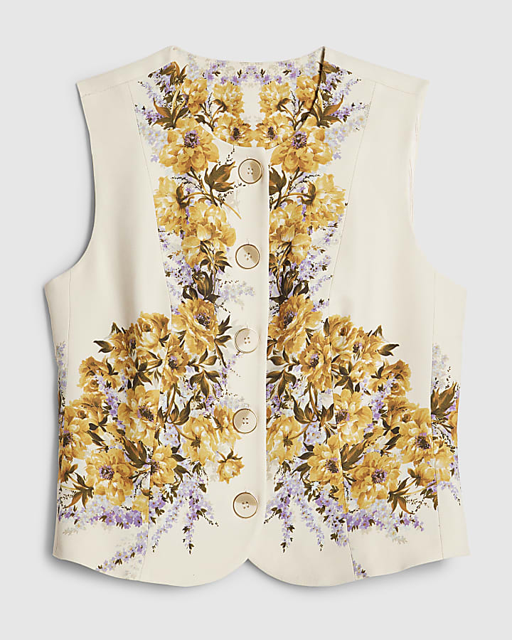 Cream Floral Fitted Waist Coat