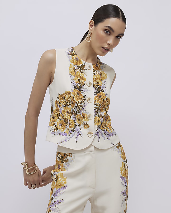 Cream Floral Fitted Waist Coat