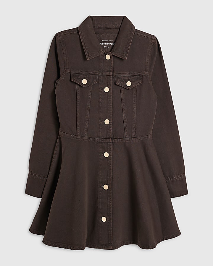 Brown Long Sleeve Button Up Denim Mini Dress