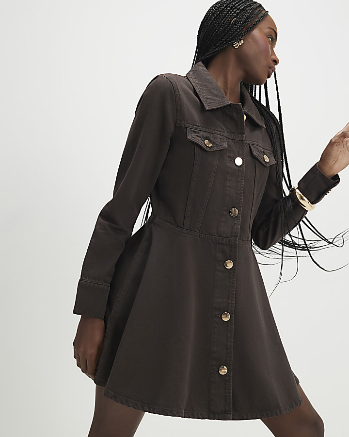 Brown Long Sleeve Button Up Denim Mini Dress