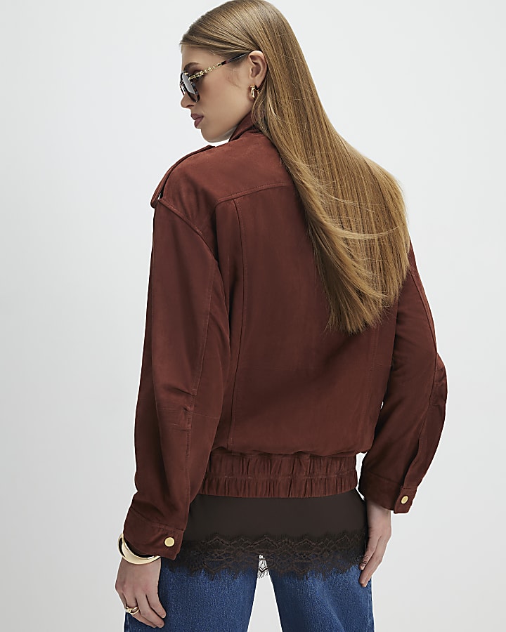 Brown Suede Oversized Bomber Jacket