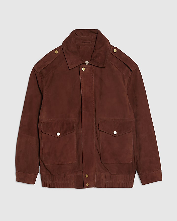Brown Suede Oversized Bomber Jacket