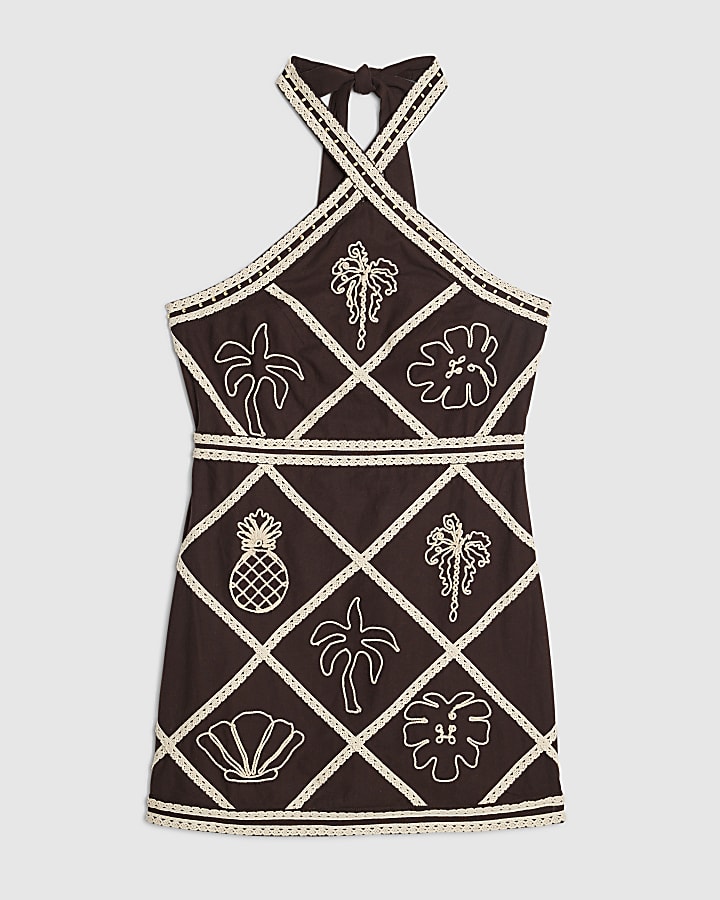 Brown Ebroidered Halter Mini Dress