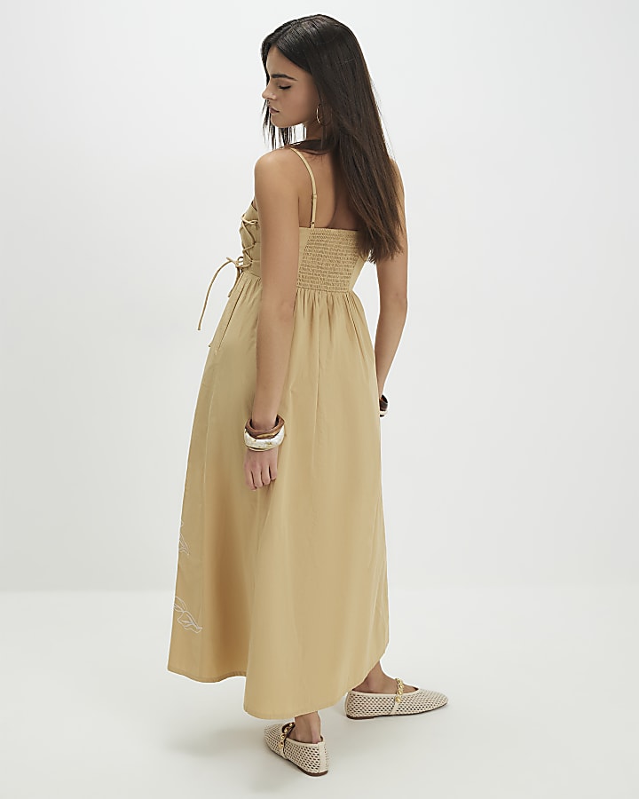 Beige Broderie Tie Side Midi Dress