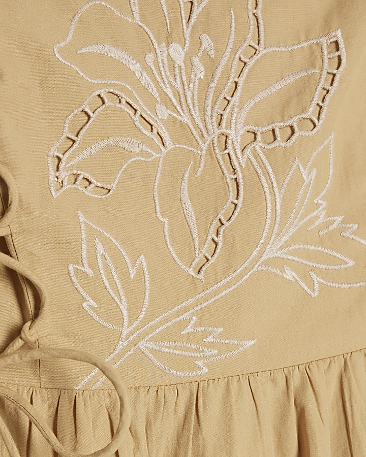 Beige Broderie Tie Side Midi Dress