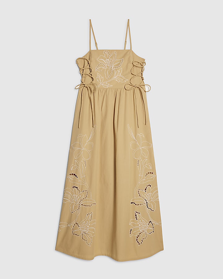 Beige Broderie Tie Side Midi Dress