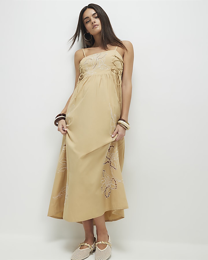 Beige Broderie Tie Side Midi Dress
