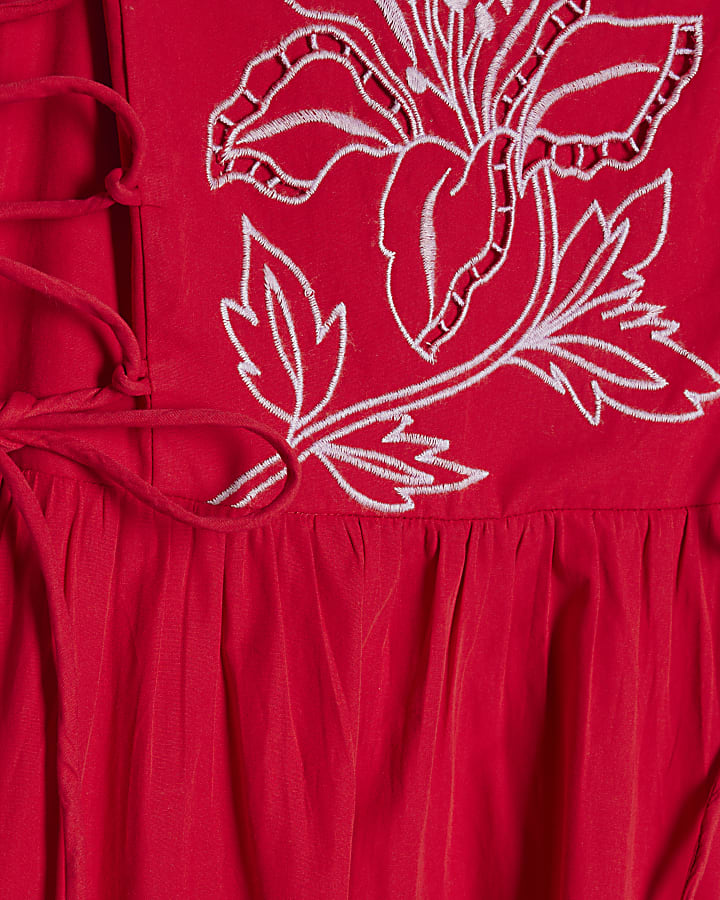 Red Broderie Tie Side Midi Dress
