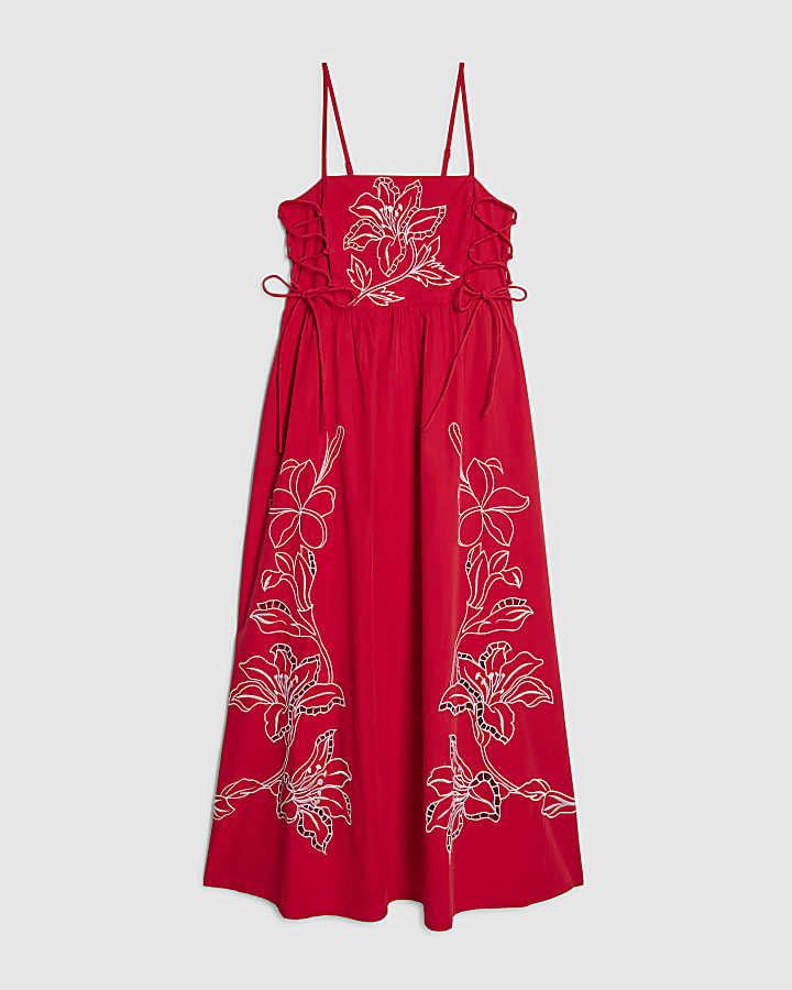 Red Broderie Tie Side Midi Dress