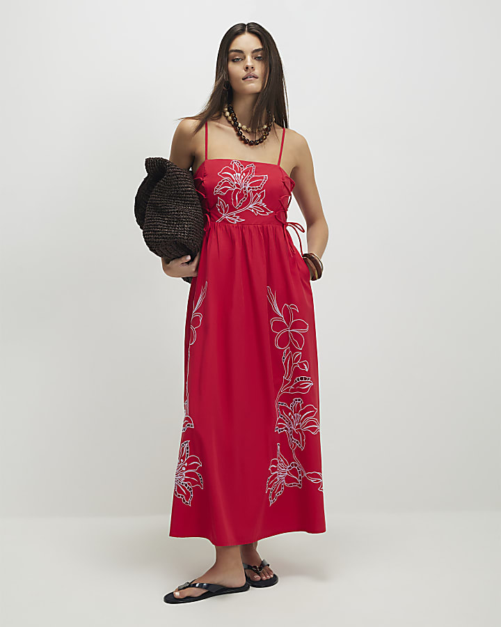 Red Broderie Tie Side Midi Dress