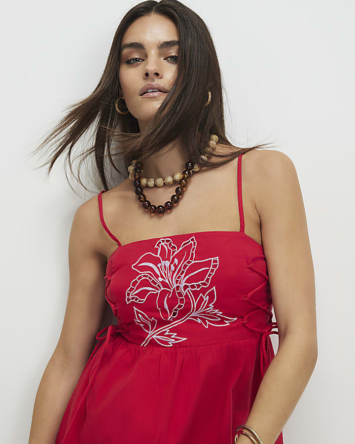 Red Broderie Tie Side Midi Dress