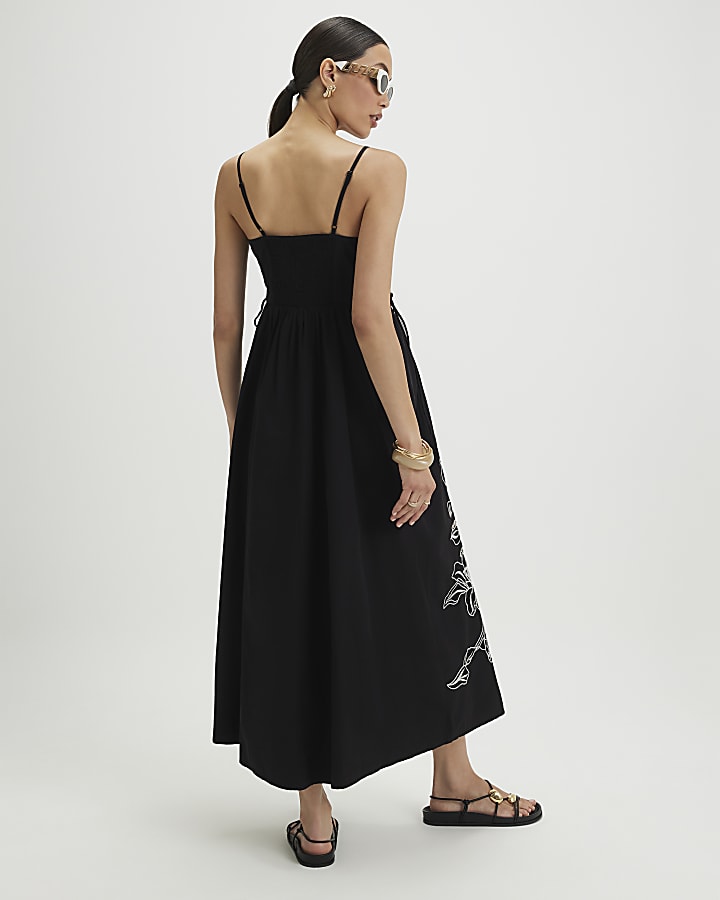 Black Broderie Tie Side Midi Dress