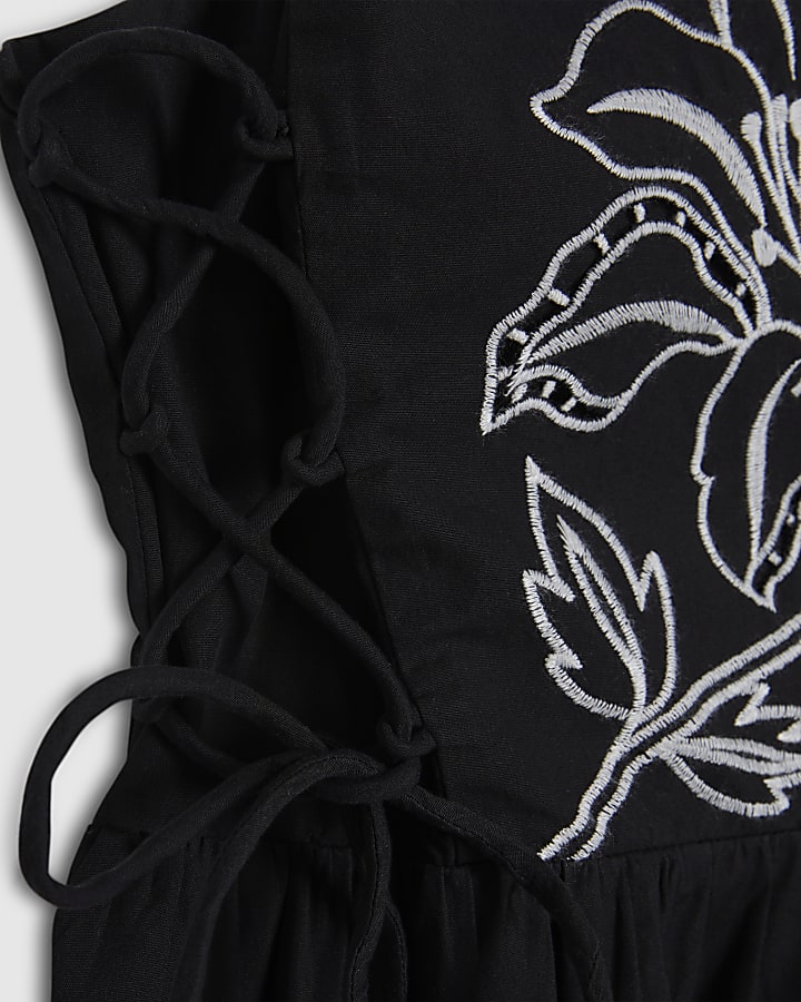 Black Broderie Tie Side Midi Dress