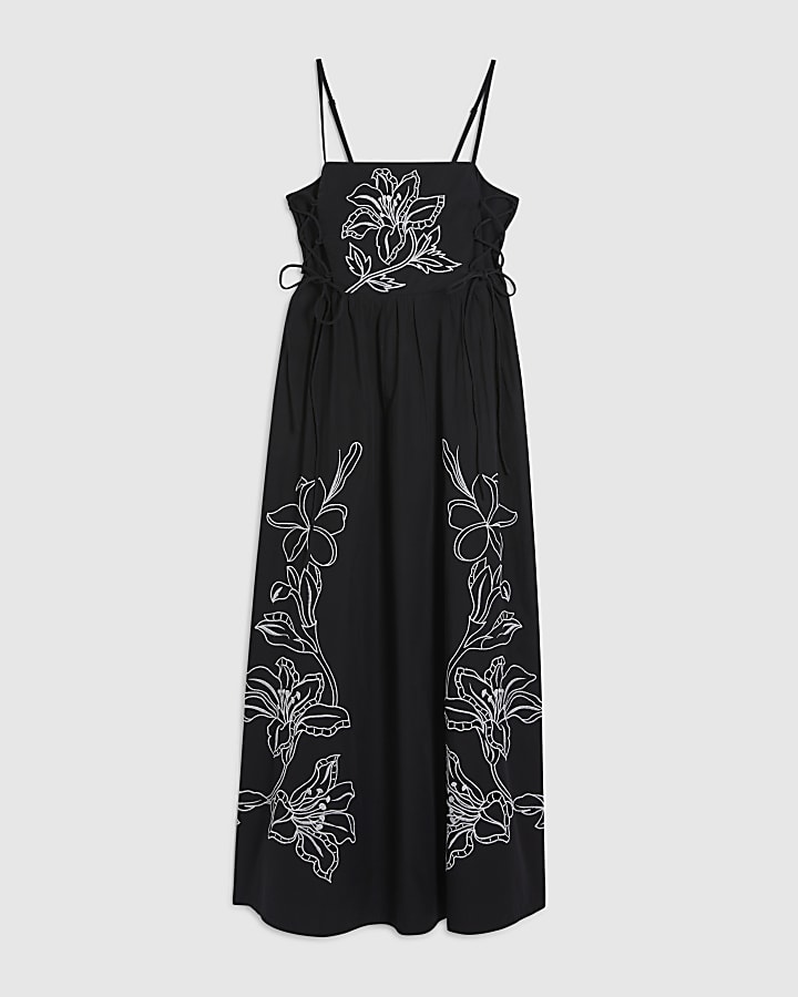 Black Broderie Tie Side Midi Dress